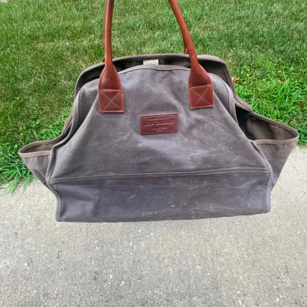 L.L.Bean Waxed Canvas Log Carrier Firewood Tote Leather Handles Brown Wood Carry